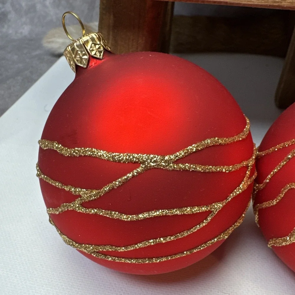 2 VTG Mouth Blown Hand Painted Matte Red Glass w Gold Glitter 3.5